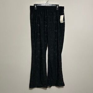 MIKEN‎ Womens Swim Cover Up Pants L Black Sheer Lace Wide Leg Pull On Drawstring